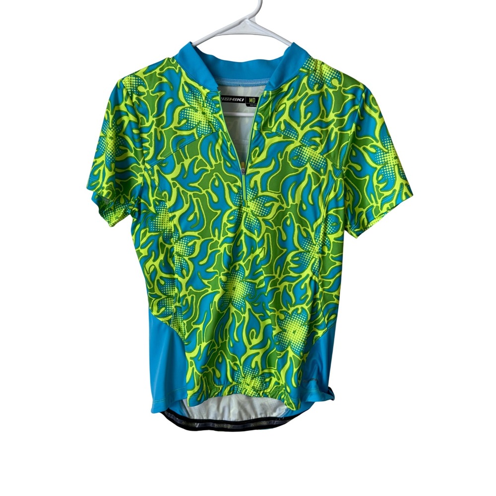 Nishiki Womens Cycling Jersey Medium Blue Lime Green Abstract Quarter Zip Biking